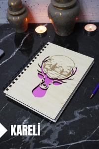 Geyik Temalı Ahşap Kapaklı Defter - Kareli Defter - Ajanda - Okul Defteri (A5 - 120 Sayfa)