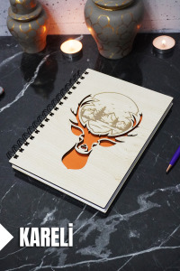 Geyik Temalı Ahşap Kapaklı Defter - Kareli Defter - Ajanda - Okul Defteri (A5 - 120 Sayfa)