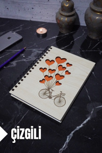 Bisiklet Balon Temalı Ahşap Kapaklı Defter - Çizgili Defter - Ajanda - Okul Defteri (A5 - 120 Sayfa)