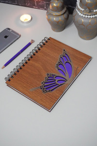 Kelebek Desen Ahşap Defter - Ajanda - Günlük - Çizgisiz Anı Defteri- Hediyelik