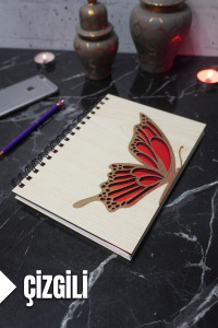 Kelebek Temalı Ahşap Kapaklı Defter - Çizgili Defter - Ajanda - Okul Defteri (A5 - 120 Sayfa)