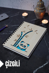 Panda Temalı Ahşap Kapaklı Defter - Çizgili Defter - Ajanda - Okul Defteri (A5 - 120 Sayfa)