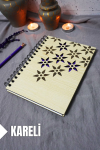 Çiçek Desenli Ahşap Kapaklı Defter - Kareli Defter - Ajanda - Okul Defteri (A5 - 120 Sayfa)
