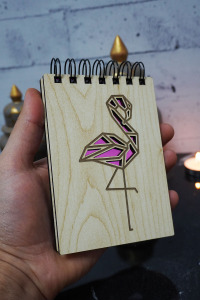 Flamingo Figürlü Ahşap Kapaklı Not Defteri - Mini Defter - Cep Defteri - Benim Listem