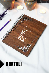 Panda Ahşap Kapaklı Defter - Noktalı Defter - 60 Yaprak (120 SAYFA) - A5 15x21 Cm