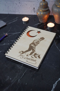Mustafa Kemal Atatürk Desenli Ahşap Defter Günlük-çizgisiz Defter - 120 Sayfa - Anı Dfeteri