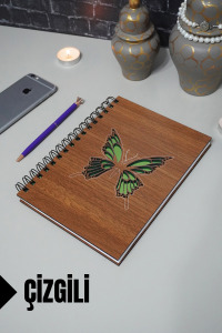 Kelebek Temalı Ahşap Kapaklı Defter - Çizgili Defter - Ajanda - Okul Defteri (A5 - 120 Sayfa)