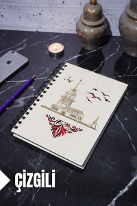Kız Kulesi Temalı Ahşap Kapaklı Defter - Çizgili Defter - Ajanda - Okul Defteri (A5 - 120 Sayfa)