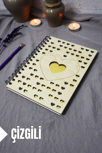 Kalp Desenli Ahşap Kapaklı Defter - Çizgili Defter - Ajanda - Okul Defteri (A5 - 120 Sayfa)