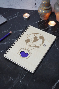 Dünyalı Balon Desenli Ahşap Defter - Ajanda - Günlük - Çizgisiz Defter A5-anı Defteri