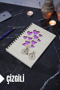 Bisiklet Balon Temalı Ahşap Kapaklı Defter - Çizgili Defter - Ajanda - Okul Defteri (A5 - 120 Sayfa)