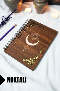 Ay Güneş Ahşap Kapaklı Spiralli Defter - Noktalı Defter - 60 Yaprak (120 SAYFA) - A5 15x21 Cm