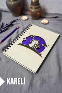 Kedi Desenli Ahşap Kapaklı Defter - Kareli Defter - Ajanda - Okul Defteri (A5 - 120 Sayfa)
