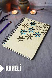 Çiçek Desenli Ahşap Kapaklı Defter - Kareli Defter - Ajanda - Okul Defteri (A5 - 120 Sayfa)