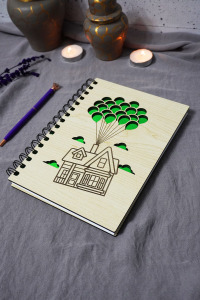 Uçan Balon Ev Ahşap Kapaklı Defter - Çizgisiz Defter - Günlük - Ajanda-hediyelik-a5 Anı Defteri