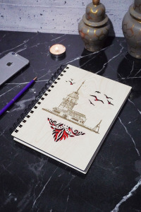 Kız Kulesi Desenli Ahşap Defter Günlük - Çizgisiz Defter-anı Defteri A5 Spiralli Okul Defteri
