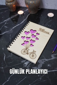 Bisiklet Kalp Balon Ahşap Plan Defteri - Süresiz Ajanda - Günlük Planlayıcı (PLANLAMA DEFTERİ) A5