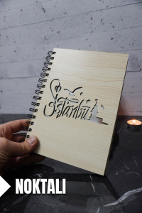 İstanbul Temalı Ahşap Kapaklı Defter - Noktalı Defter - Ajanda - Okul Defteri (A5 - 120 Sayfa)