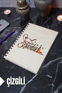 İstanbul Temalı Ahşap Kapaklı Defter - Çizgili Defter - Ajanda - Okul Defteri (A5 - 120 Sayfa)