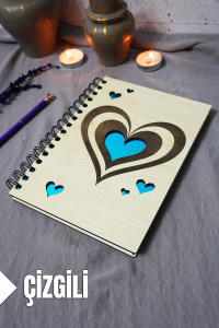 Kalp Desenli Ahşap Kapaklı Defter - Çizgili Defter - Ajanda - Okul Defteri (A5 - 120 Sayfa)