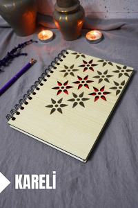 Çiçek Desenli Ahşap Kapaklı Defter - Kareli Defter - Ajanda - Okul Defteri (A5 - 120 Sayfa)