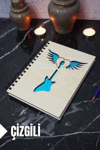 Gitar Kanat Temalı Ahşap Kapaklı Defter - Çizgili Defter - Ajanda - Okul Defteri (A5 - 120 Sayfa)