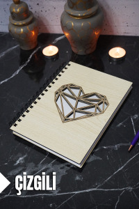 Kalp Temalı Ahşap Kapaklı Defter - Çizgili Defter - Ajanda - Okul Defteri (A5 - 120 Sayfa)