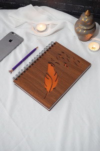 Kuşlu Tüy Desenli Ahşap Kapaklı Defter - A5 Resim Defleri - Çizgisiz Defter-hediyelik Defter