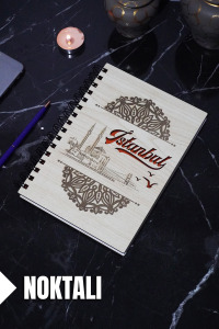 İstanbul Temalı Ahşap Kapaklı Defter - Noktalı Defter - Ajanda - Okul Defteri (A5 - 120 Sayfa)