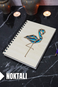 Flamingo Temalı Ahşap Kapaklı Defter - Noktalı Defter - Ajanda - Okul Defteri (A5 - 120 Sayfa)
