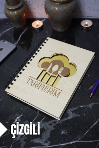 Mutfak Temalı Ahşap Kapaklı Defter - Çizgili Tarif Defteri - Ajanda - Okul Defteri (A5 - 120 Sayfa)