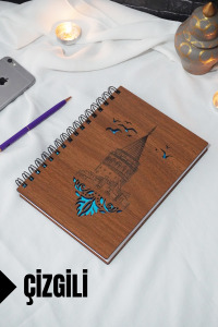 Galata Kulesi Temalı Ahşap Kapaklı Defter - Çizgili Defter - Ajanda - Okul Defteri (A5 - 120 Sayfa)