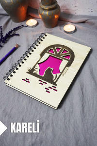Kedi Desenli Ahşap Kapaklı Defter - Kareli Defter - Ajanda - Okul Defteri (A5 - 120 Sayfa)