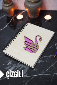 Kuğu Temalı Ahşap Kapaklı Defter - Çizgili Defter - Ajanda - Okul Defteri (A5 - 120 Sayfa)