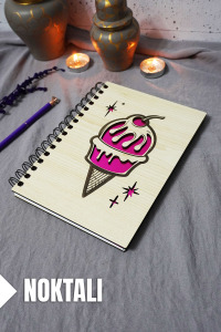 Dondurma Desenli Ahşap Kapaklı Defter - Noktalı Defter - Ajanda - Okul Defteri (A5 - 120 Sayfa)