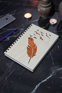 Kuş Tüy Desenli Ahşap Defter - Ajanda - Günlük - Çizgisiz Defter - A5 Notebook-okul Defteri