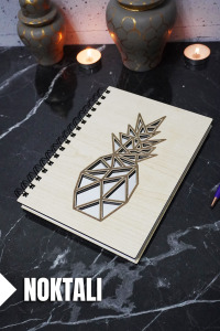 Ananas Temalı Ahşap Kapaklı Defter - Noktalı Defter - Ajanda - Okul Defteri (A5 - 120 Sayfa)