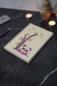 Panda Tasarımlı Ahşap Defter Günlük-çizgisiz Defter - A5 Spiralli Okul Defteri