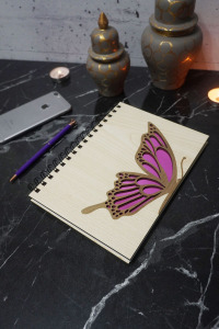 Kelebek Desenli Ahşap Kapaklı Defter - Ajanda - Günlük - Çizgisiz Defter - Düz Notebook-anı Defteri