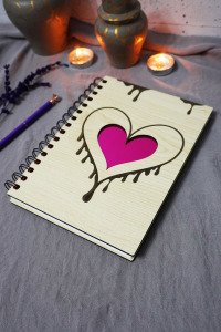 Kalp Desenli Ahşap Kapaklı Defter - Çizgisiz Defter - Günlük - Ajanda-hediyelik-a5 Anı Defteri