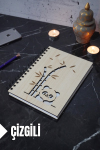 Panda Temalı Ahşap Kapaklı Defter - Çizgili Defter - Ajanda - Okul Defteri (A5 - 120 Sayfa)
