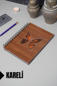 Kelebek Temalı Ahşap Kapaklı Defter - Kareli Defter - Ajanda - Okul Defteri (A5 - 120 Sayfa)