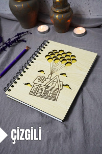 Uçan Balon Ev Ahşap Kapaklı Defter - Çizgili Defter - Ajanda - Okul Defteri (A5 - 120 Sayfa)