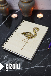 Flamingo Temalı Ahşap Kapaklı Defter - Çizgili Defter - Ajanda - Okul Defteri (A5 - 120 Sayfa)