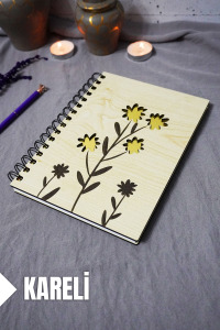 Çiçek Desenli Ahşap Kapaklı Defter - Kareli Defter - Ajanda - Okul Defteri (A5 - 120 Sayfa)