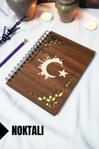 Türk Bayrağı Ahşap Kapaklı Spiralli Defter - Noktalı Defter - 60 Yaprak (120 SAYFA) - A5 15x21 Cm