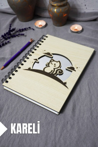 Kedi Desenli Ahşap Kapaklı Defter - Kareli Defter - Ajanda - Okul Defteri (A5 - 120 Sayfa)