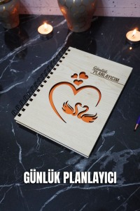 A5 Kuğu Aşk Tasarım Ahşap Kapak Günlük Planlayıcı Defter - Tarihsiz Ajanda-süresiz Planlama Defteri