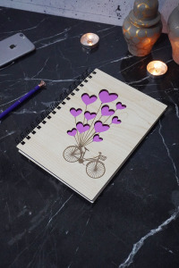 Bisikletli Balon Desen Ahşap Defter - Günlük - Çizgisiz Defter - A5 Okul Defteri-sevgiliye Hediye