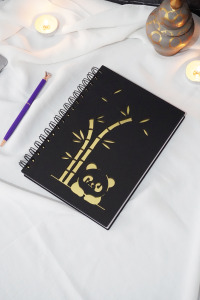 Panda Tasarım Siyah Ahşap Kapaklı Defter - Çizgisiz Defter - Hediye Günlük - Ajanda - A5 Notebook
